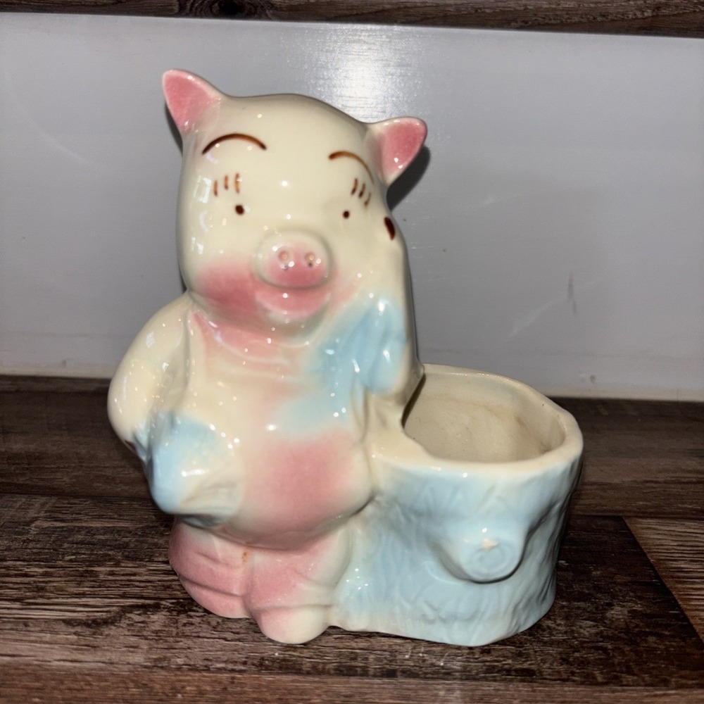 1950s Vintage SHAWNEE Ceramic 5 1/2'' Pig by Tree Stump Planter Blue And Pink